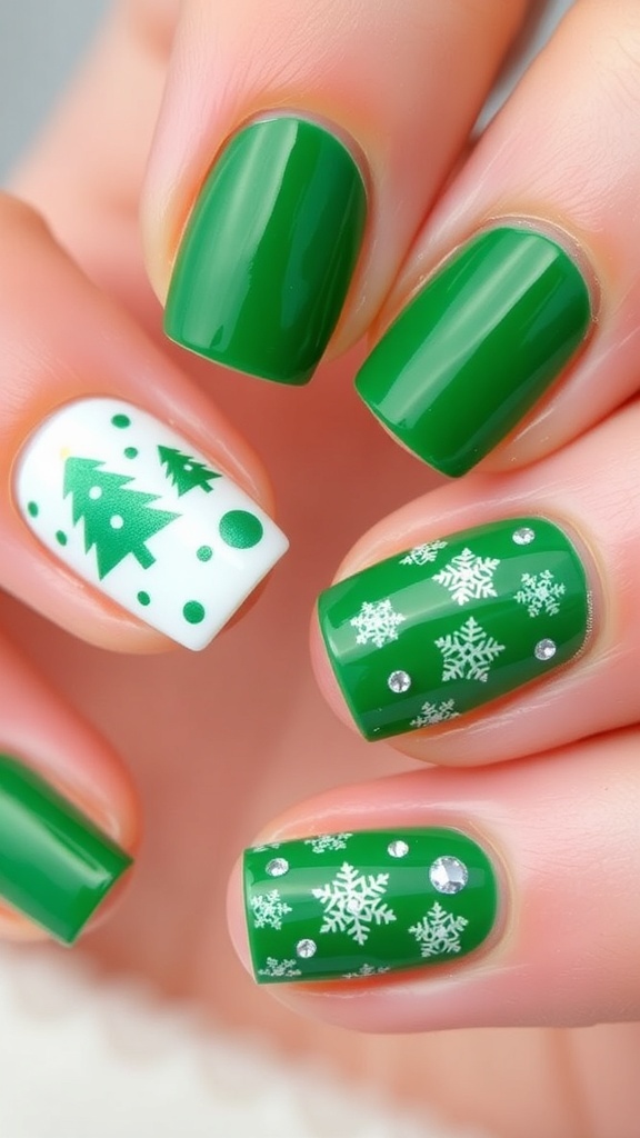 Close-up of green Christmas nail art with festive designs and embellishments.